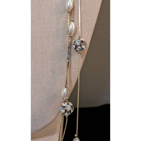 Three Strand Gold Tone Chain Necklace w/ Oblong Faux Pearls & Pave Balls - Picture 5 of 7